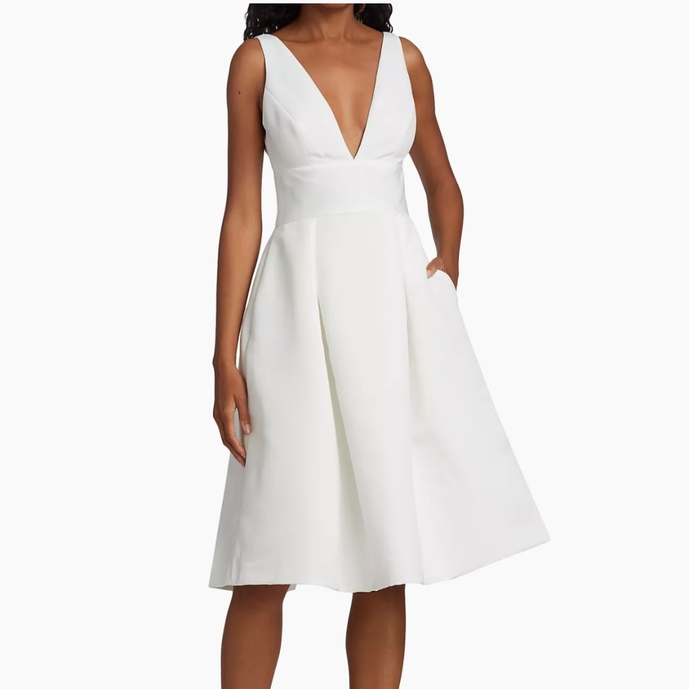 NEW Amsale Faille Deep V-Neck Little White Dress Midi 12 NWT